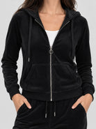 YUCOLEN Women's Soft Velour Full Zip Hooded Jacket with Pockets in Black