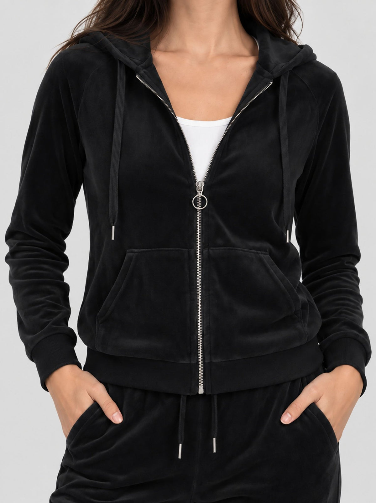 YUCOLEN Women's Soft Velour Full Zip Hooded Jacket with Pockets in Black