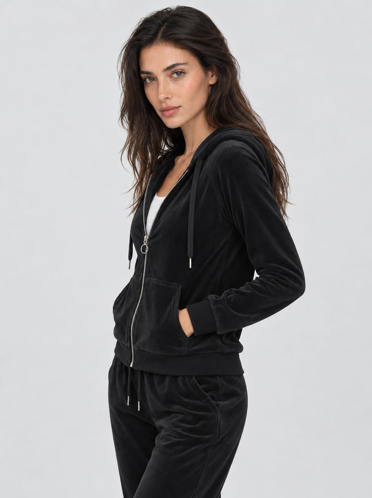 YUCOLEN Women's Soft Velour Full Zip Hooded Jacket with Pockets in Black