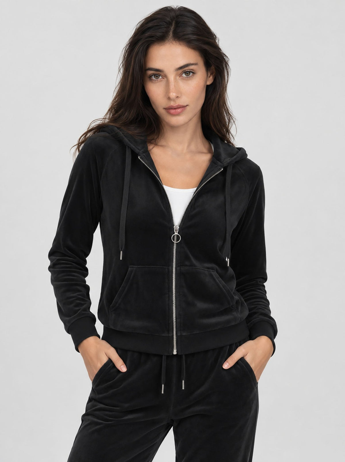 YUCOLEN Women's Soft Velour Full Zip Hooded Jacket with Pockets in Black