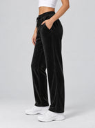 YUCOLEN Women's Soft Velour Straight Leg Pants with Elastic Waist in Black
