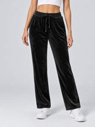 YUCOLEN Women's Soft Velour Straight Leg Pants with Elastic Waist in Black