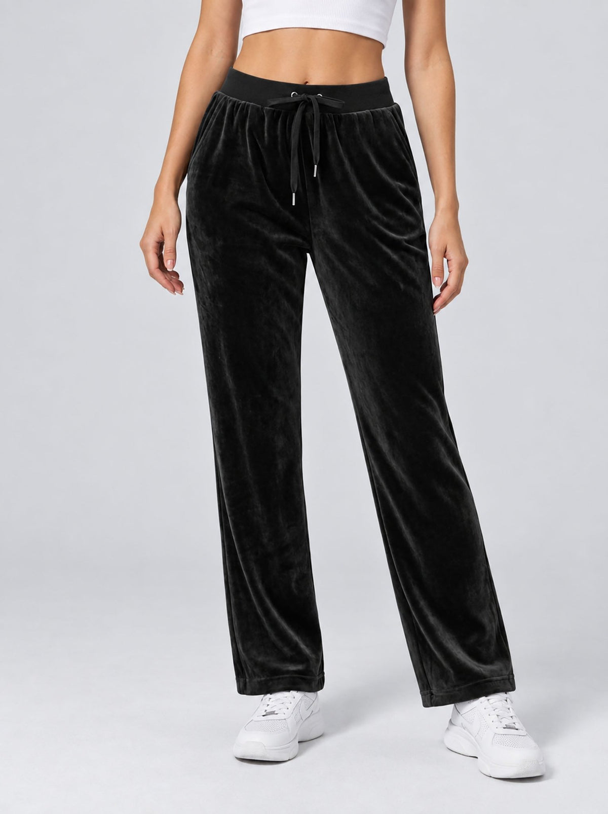 YUCOLEN Women's Soft Velour Straight Leg Pants with Elastic Waist in Black