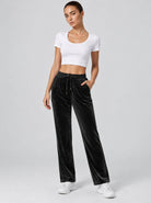 YUCOLEN Women's Soft Velour Straight Leg Pants with Elastic Waist in Black