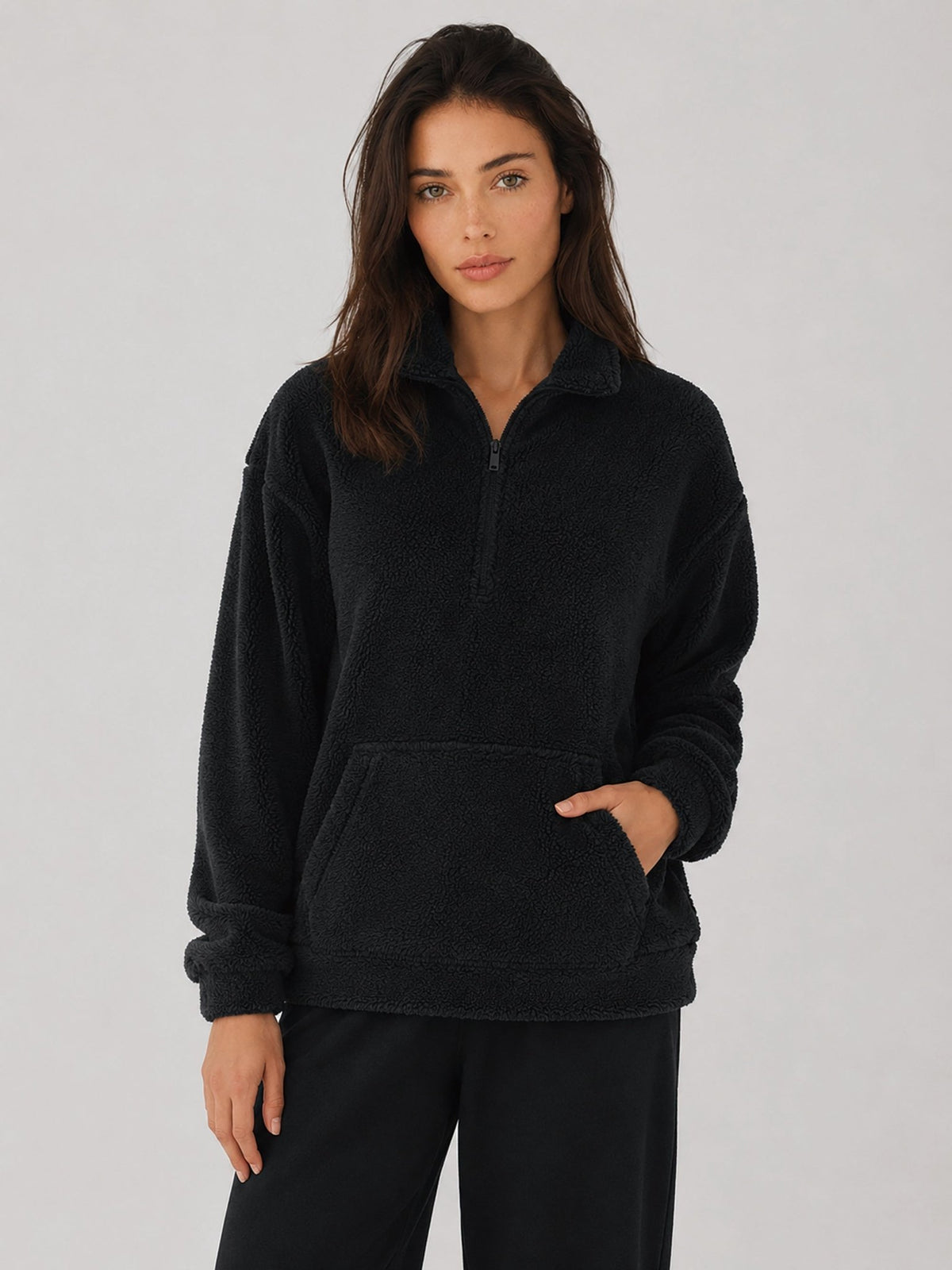 YUCOLEN Women's Stretchy Half Zip Fuzzy Sherpa Pullover with Kangaroo Pocket in Black