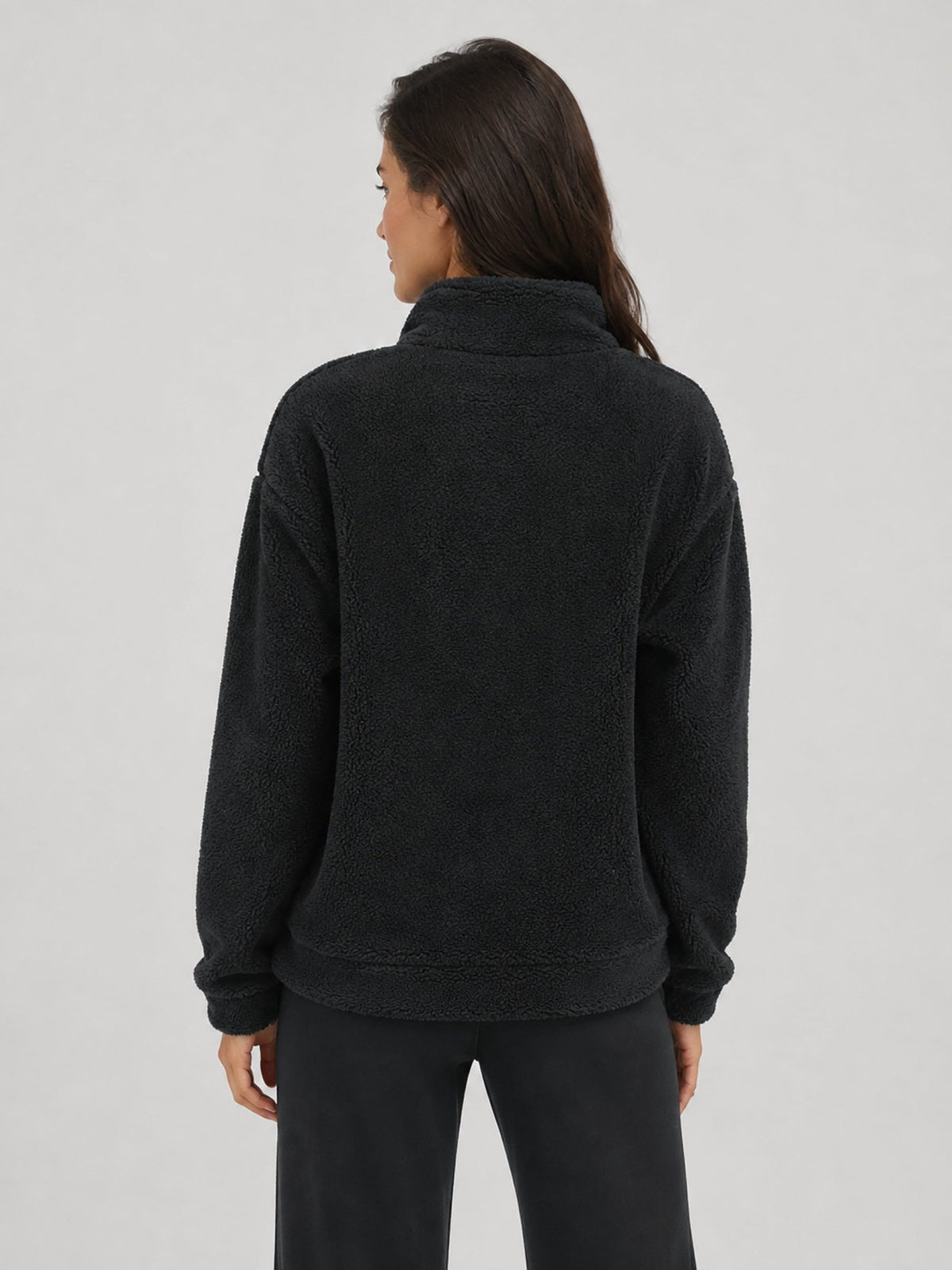 YUCOLEN Women's Stretchy Half Zip Fuzzy Sherpa Pullover with Kangaroo Pocket in Black