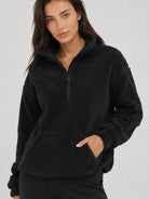 YUCOLEN Women's Stretchy Half Zip Fuzzy Sherpa Pullover with Kangaroo Pocket in Black