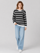 YUCOLEN Women's Striped Crewneck Sweater Soft Knit Casual Loose Fit Pullover for Fall Winter in Black