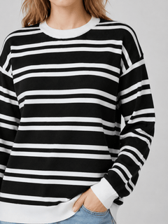 YUCOLEN Women's Striped Crewneck Sweater Soft Knit Casual Loose Fit Pullover for Fall Winter in Black