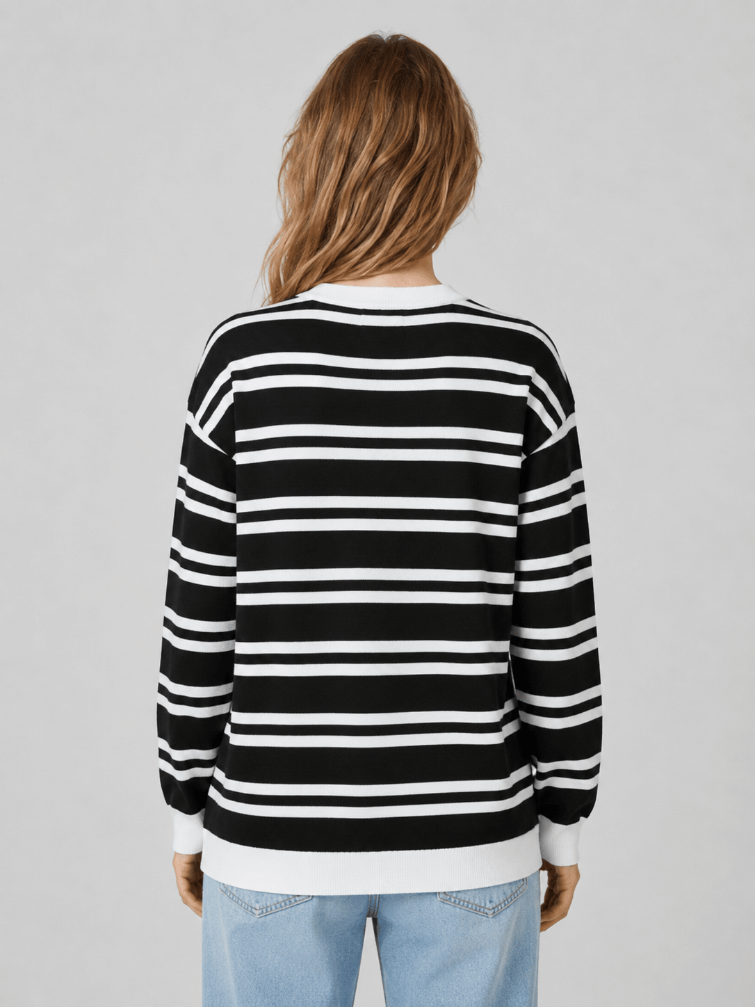 YUCOLEN Women's Striped Crewneck Sweater Soft Knit Casual Loose Fit Pullover for Fall Winter in Black