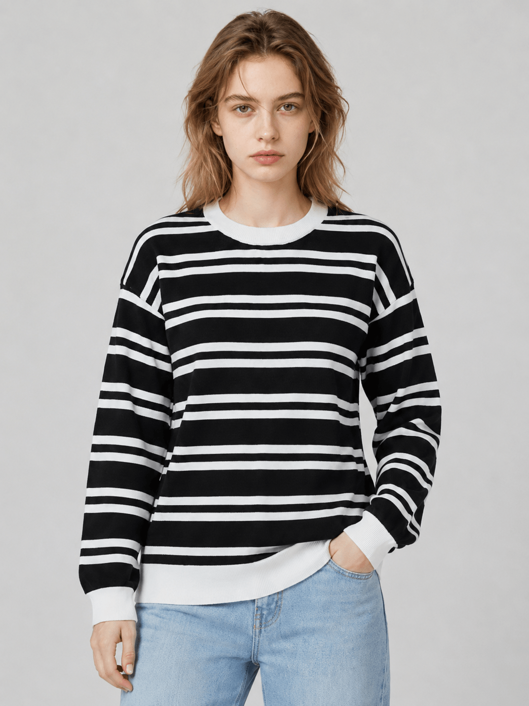 YUCOLEN Women's Striped Crewneck Sweater Soft Knit Casual Loose Fit Pullover for Fall Winter in Black