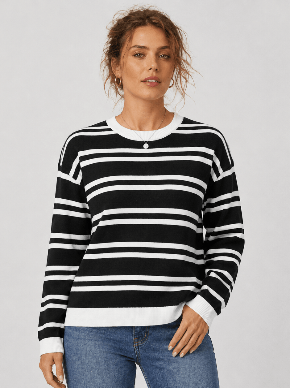 YUCOLEN Women's Striped Crewneck Sweater Soft Knit Casual Loose Fit Pullover for Fall Winter in Black