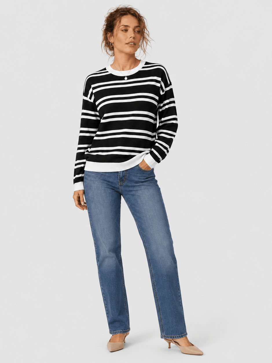 YUCOLEN Women's Striped Crewneck Sweater Soft Knit Casual Loose Fit Pullover for Fall Winter in Black