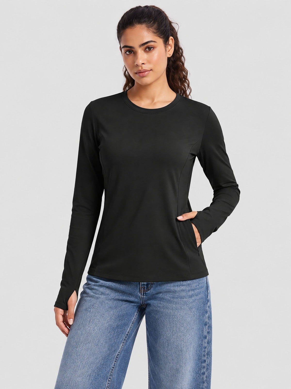YUCOLEN Womens Thermal Running Top with Thumb Holes and Zip Pocket in Black