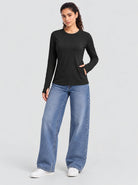 YUCOLEN Womens Thermal Running Top with Thumb Holes and Zip Pocket in Black