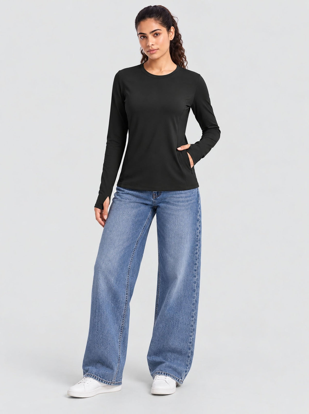 YUCOLEN Womens Thermal Running Top with Thumb Holes and Zip Pocket in Black