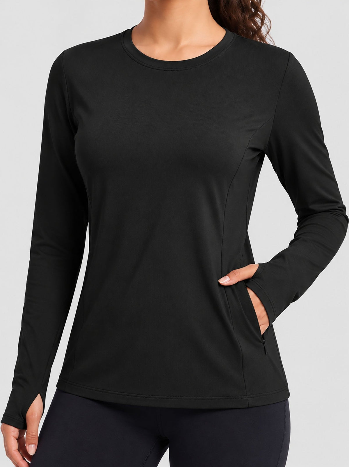 YUCOLEN Womens Thermal Running Top with Thumb Holes and Zip Pocket in Black
