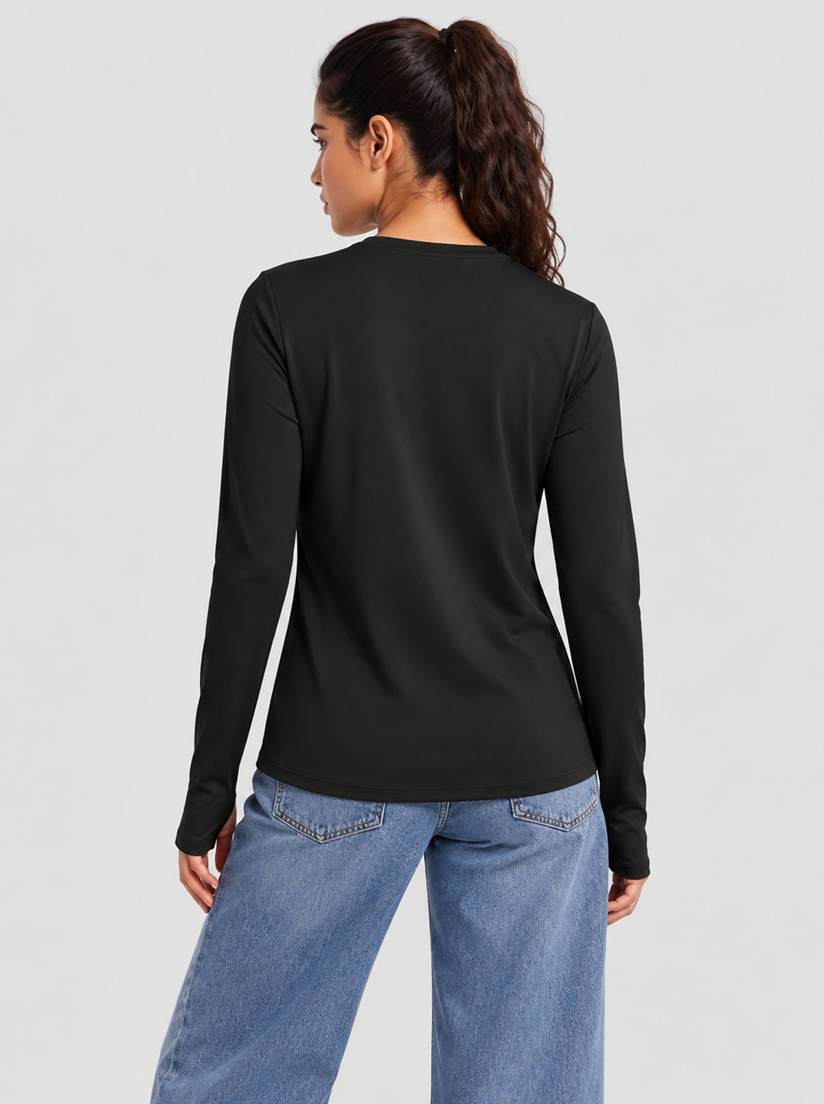 YUCOLEN Womens Thermal Running Top with Thumb Holes and Zip Pocket in Black