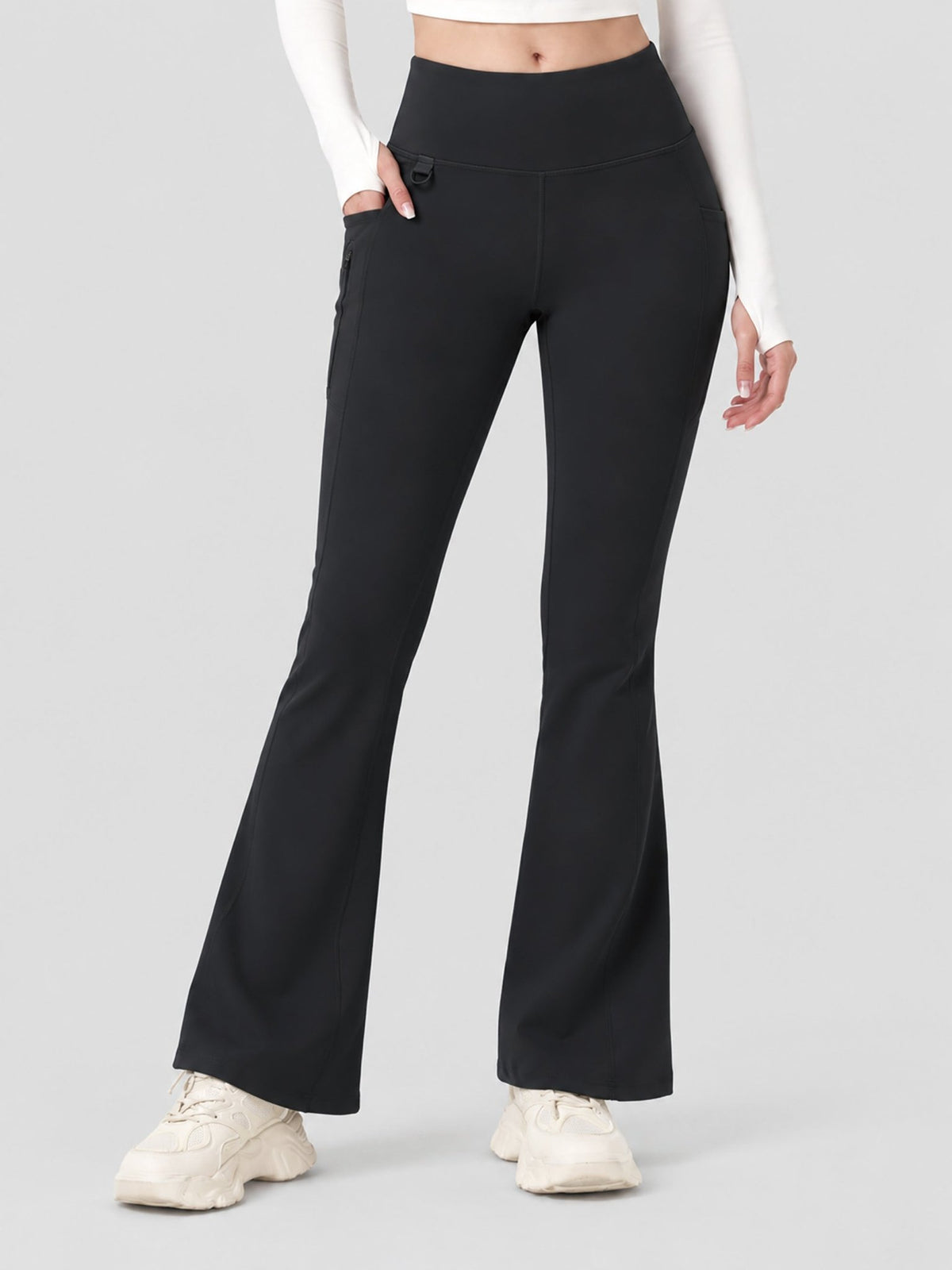 YUCOLEN Women's Thermal Water Resistant Fleece Lined Flare Leggings with 3 Pockets in Black