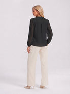 YUCOLEN Women's V Neck Chiffon Blouse with Lace Puff Sleeves Dressy Casual Work Tops in Black