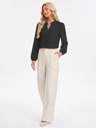 YUCOLEN Women's V Neck Chiffon Blouse with Lace Puff Sleeves Dressy Casual Work Tops in Black