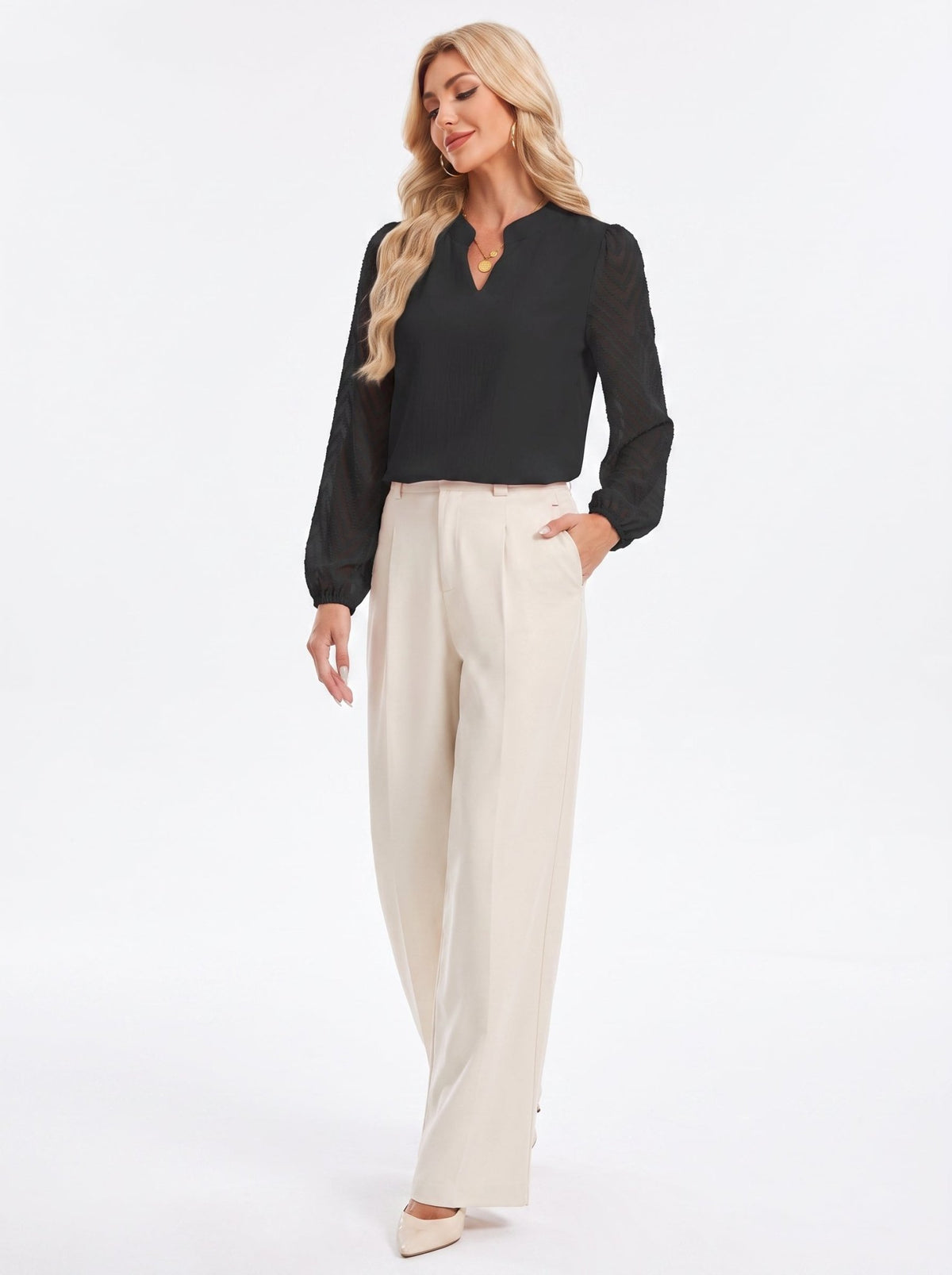 YUCOLEN Women's V Neck Chiffon Blouse with Lace Puff Sleeves Dressy Casual Work Tops in Black
