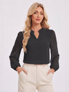 YUCOLEN Women's V Neck Chiffon Blouse with Lace Puff Sleeves Dressy Casual Work Tops in Black