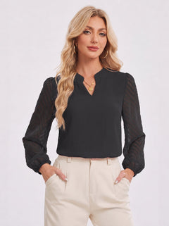 YUCOLEN Women's V Neck Chiffon Blouse with Lace Puff Sleeves Dressy Casual Work Tops in Black