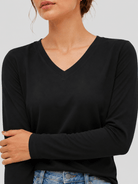 YUCOLEN Women's V Neck Long Sleeve Shirt Cotton Blend Soft Performance Tee in Black