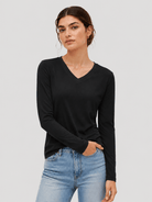 YUCOLEN Women's V Neck Long Sleeve Shirt Cotton Blend Soft Performance Tee in Black