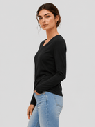 YUCOLEN Women's V Neck Long Sleeve Shirt Cotton Blend Soft Performance Tee in Black