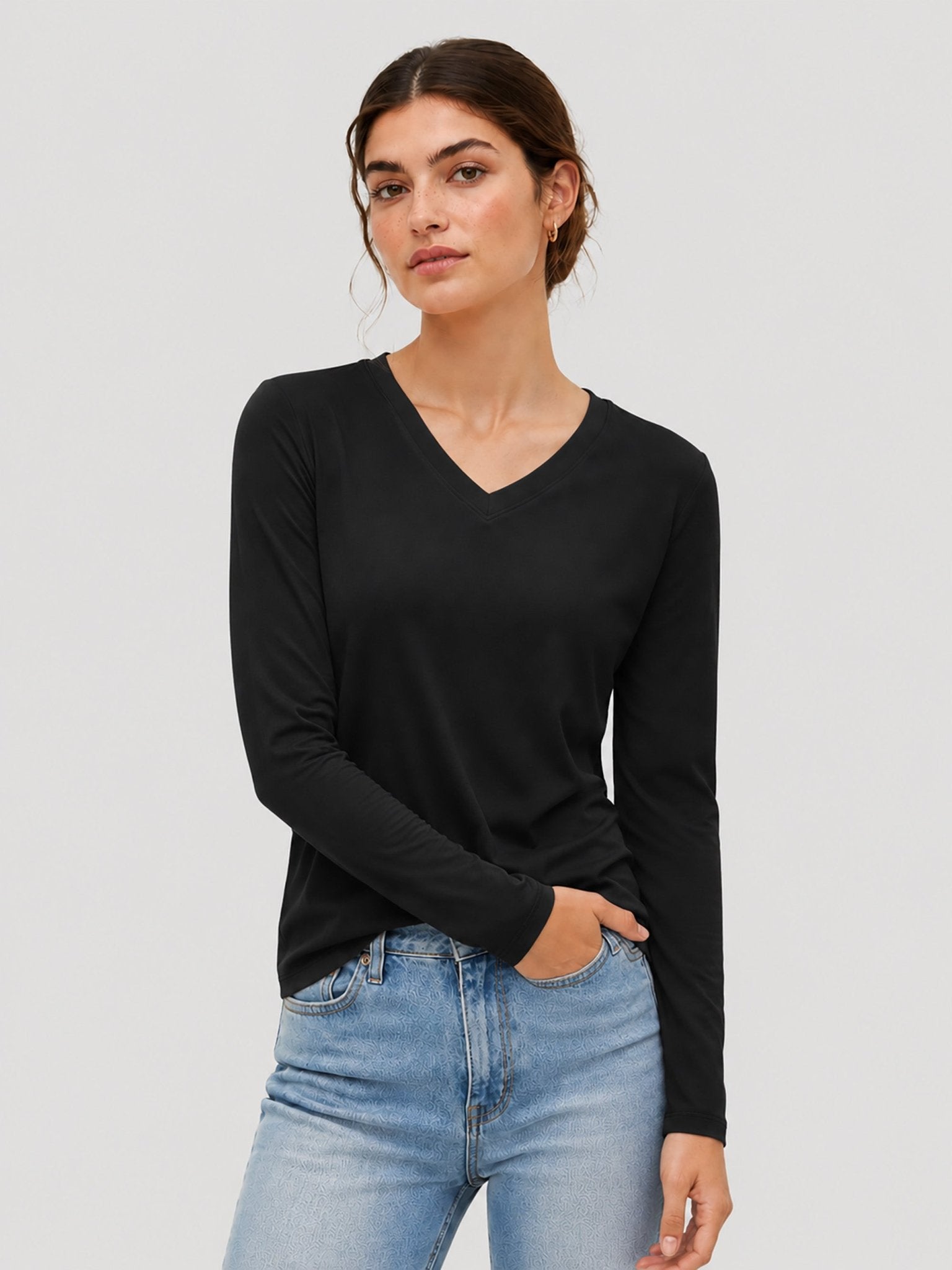 YUCOLEN Women's V Neck Long Sleeve Shirt Cotton Blend Soft Performance Tee in Black