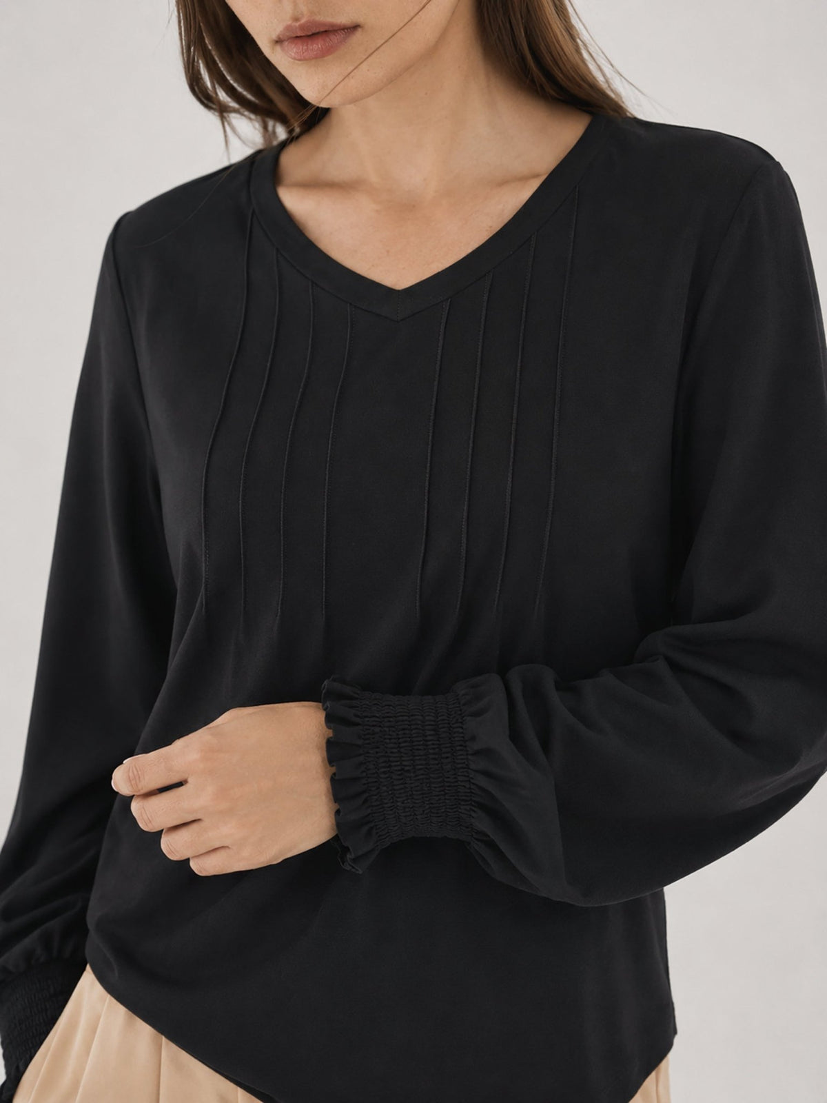 YUCOLEN Women's V Neck Pleated Tunic Blouse Ruffle Cuff Long Sleeve Shirt in Black