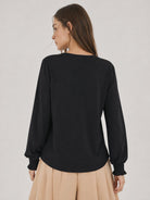 YUCOLEN Women's V Neck Pleated Tunic Blouse Ruffle Cuff Long Sleeve Shirt in Black