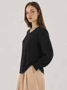 YUCOLEN Women's V Neck Pleated Tunic Blouse Ruffle Cuff Long Sleeve Shirt in Black