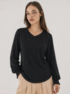 YUCOLEN Women's V Neck Pleated Tunic Blouse Ruffle Cuff Long Sleeve Shirt in Black