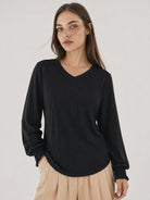 YUCOLEN Women's V Neck Pleated Tunic Blouse Ruffle Cuff Long Sleeve Shirt in Black