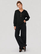 YUCOLEN Women's Waffle Knit Oversized Hoodie 4-Button Henley Pullover in Black