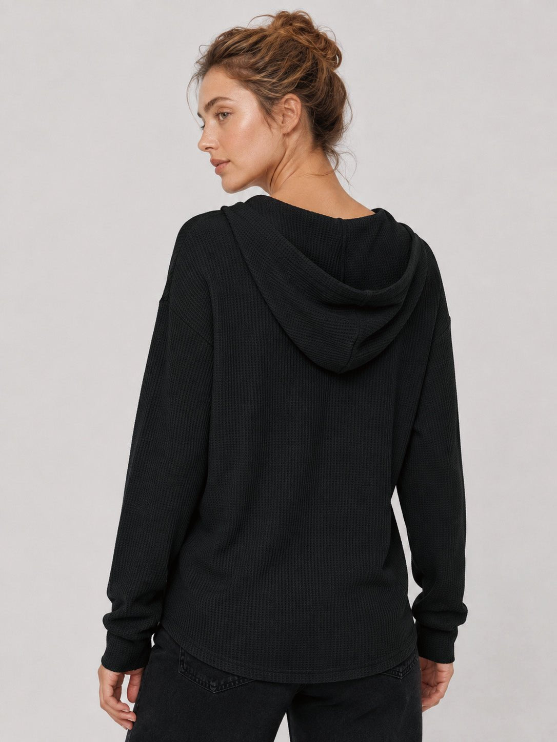 YUCOLEN Women's Waffle Knit Oversized Hoodie 4-Button Henley Pullover in Black