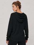 YUCOLEN Women's Waffle Knit Oversized Hoodie 4-Button Henley Pullover in Black