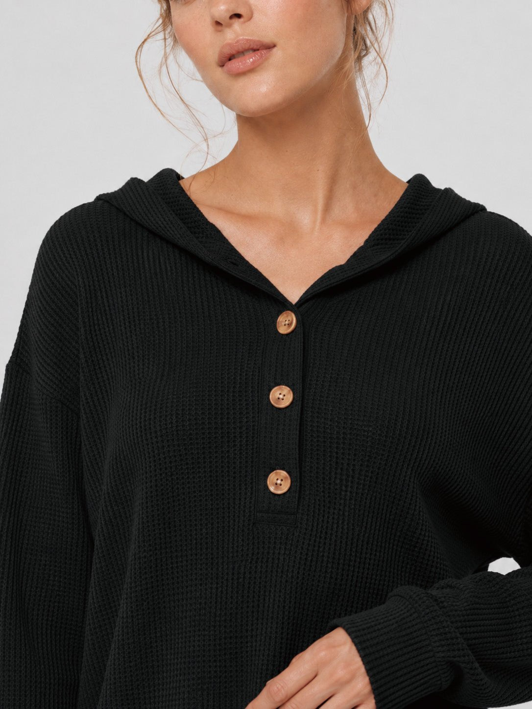 YUCOLEN Women's Waffle Knit Oversized Hoodie 4-Button Henley Pullover in Black