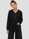 YUCOLEN Women's Waffle Knit Oversized Hoodie 4-Button Henley Pullover in Black