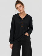 YUCOLEN Women's Waffle Knit Oversized Hoodie 4-Button Henley Pullover in Black