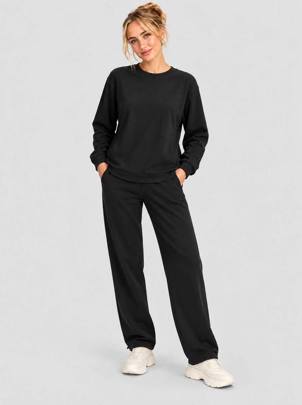 YUCOLEN Womens Warm Fleece Crewneck Sweatshirt with Zip Pockets in Black