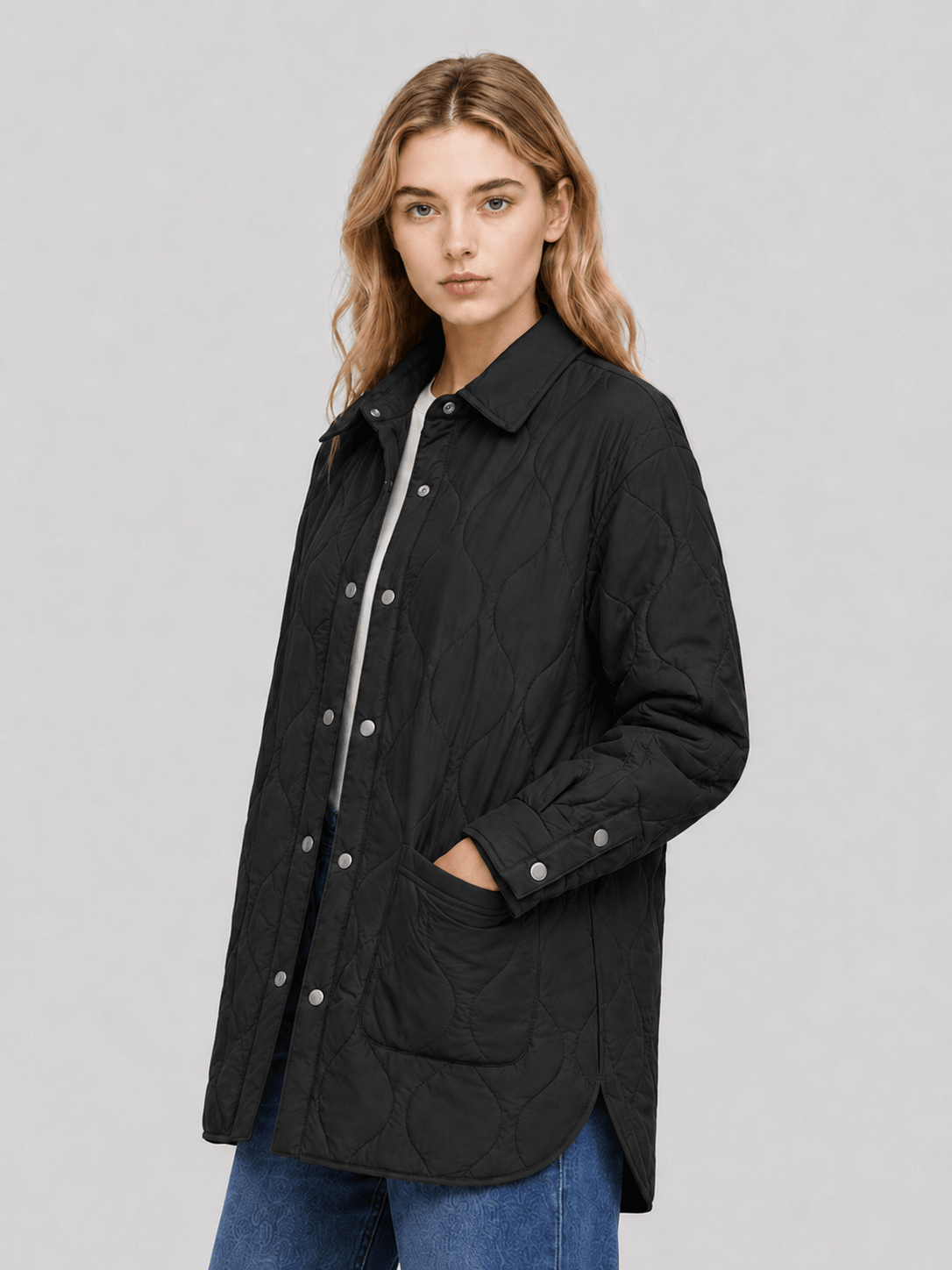 YUCOLEN Women's Water Ripple Quilted Shacket Lightweight Button Down Coat with Pockets in Black
