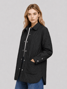 YUCOLEN Women's Water Ripple Quilted Shacket Lightweight Button Down Coat with Pockets in Black