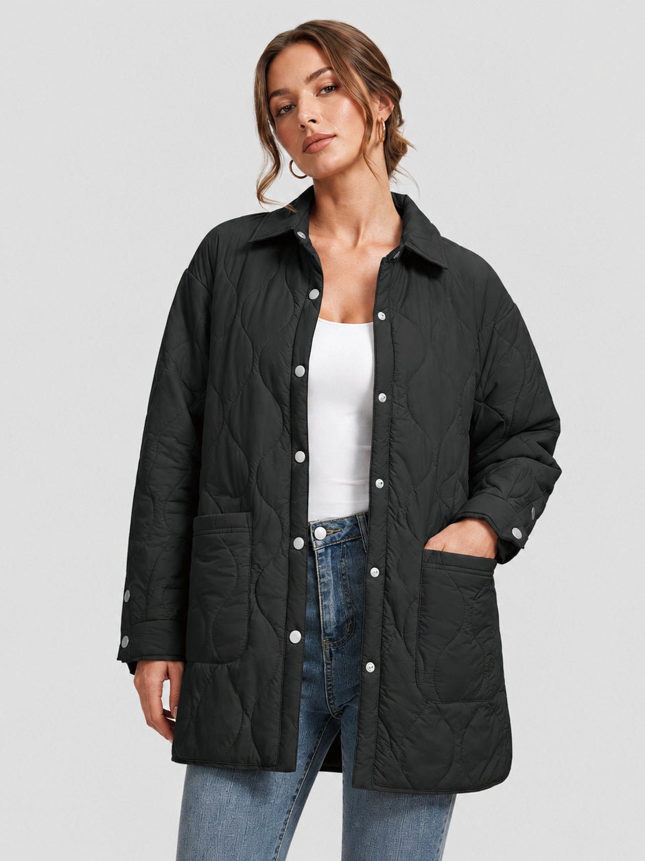 YUCOLEN Women's Water Ripple Quilted Shacket Lightweight Button Down Coat with Pockets in Black