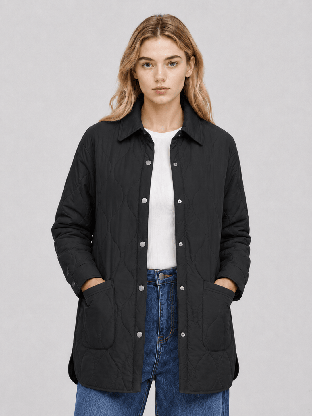 YUCOLEN Women's Water Ripple Quilted Shacket Lightweight Button Down Coat with Pockets in Black
