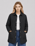 YUCOLEN Women's Water Ripple Quilted Shacket Lightweight Button Down Coat with Pockets in Black