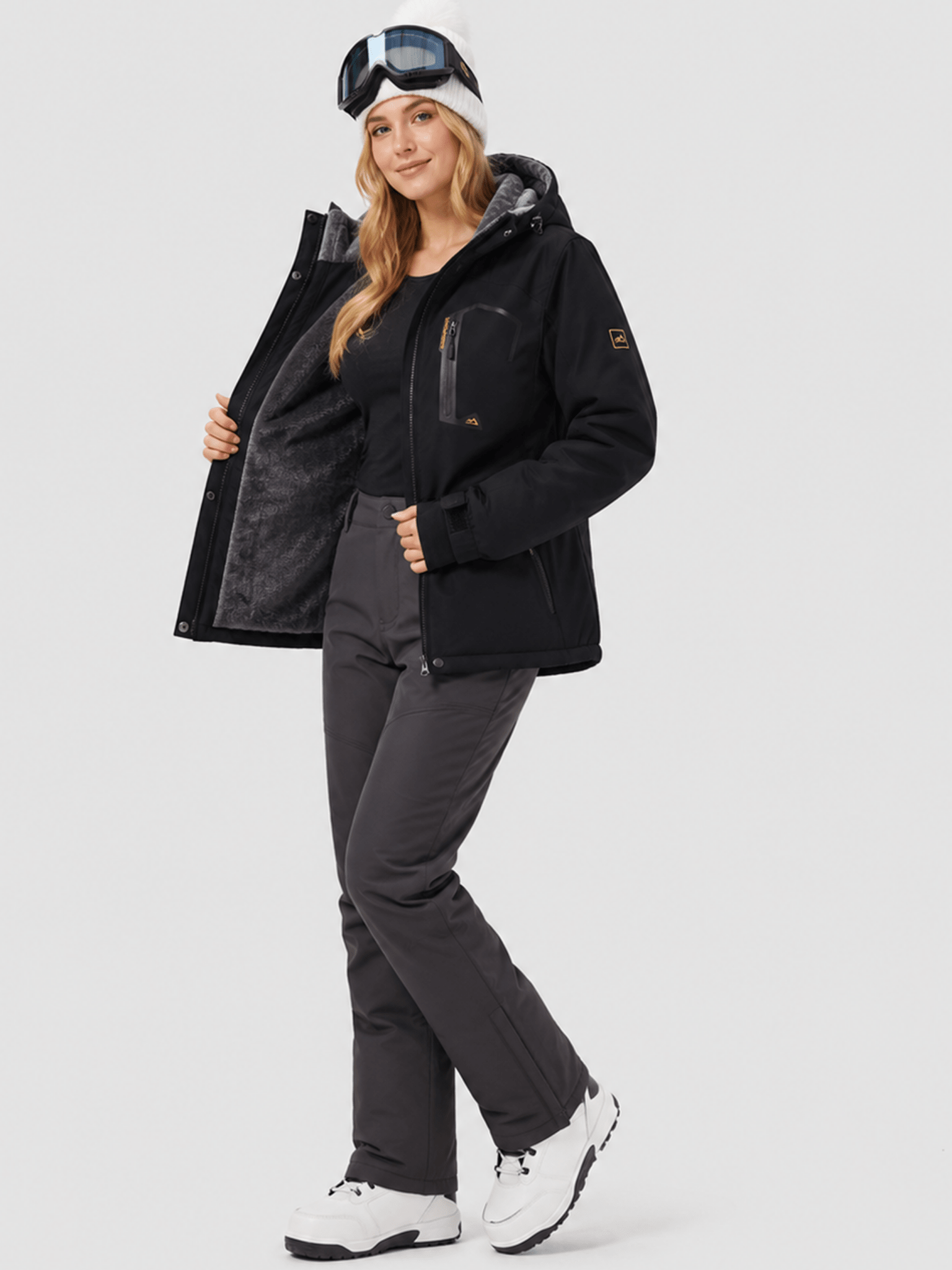 YUCOLEN Women's Waterproof Ski Jacket Fleece Lined Insulated Snow Coat with Detachable Hood in Black